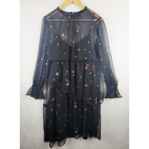 Cottagecore Dress L Midi Sheer Line Long Sleeve Black Floral Asymmetric Layers - Picture 1 of 10